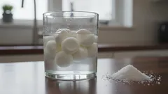 Bicchiere con uova in acqua e cumulo di sale su tavolo di cucina illuminata.